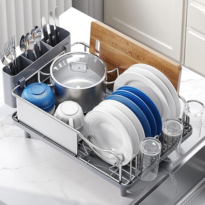 Stainless Steel Dish Drying Rack - Grade Large Capacity Kitchen Counter Organizer with Drain Board, Utensil Holder & Detachable Cup Shelf, 304 Surgical-Grade Rust-Proof Dish Drainer, Easy Assembly