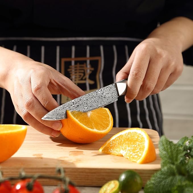 zayiko Black Edition Damascus Utility knife 5-inch blade extremely sharp from 67 layers I Damascus kitchen knives and professional chef's knives made of genuine Japanese Damascus with Pakka wood
