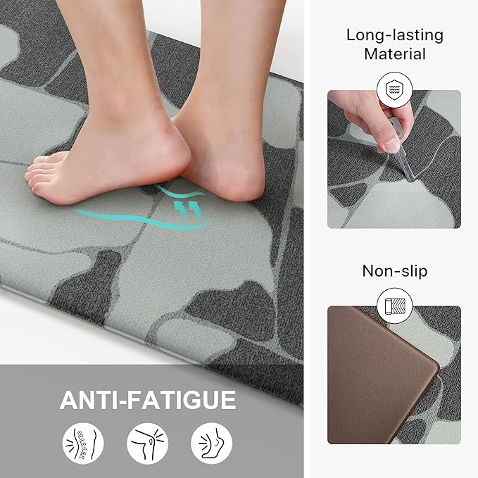 GENIMO Kitchen Mats for Floor 2PCs, Washable Anti Fatigue Mat for Cushioned, 17.3"x47"+17.3"x30", Waterproof Kitchen Rugs, Non Slip Comfort Standing Mat Rug for Sink, Laundry, Home, Black & White