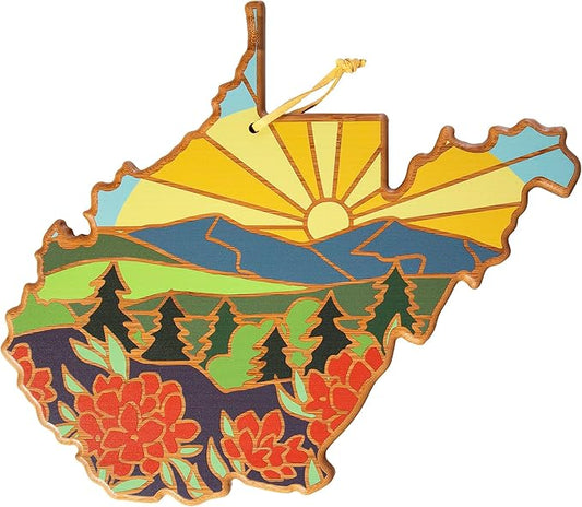 Totally Bamboo West Virginia State Shaped Cutting Board and Charcuterie Serving Platter with Artwork by Summer Stokes, Includes Hang Tie for Wall Display