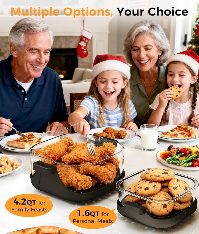 Oylus 4-in-1 Portable Glass Air Fryer - 1500W, 400°F Precise Heat, 4.2QT & 1.6QT Dual Glass Containers and Lids, Non-Toxic, Max Crisp/Bake/Air Fry/Recrisp,Microwave, Freezer & Dishwasher Safe