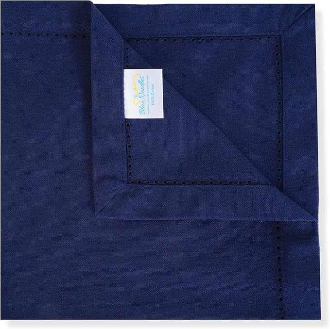 Blue Needles Set of 6 Hemstitch Linen Napkins 100% Cotton Navy Blue Cloth Dinner Napkins 18x18 inches, Soft, Reusable, Absorbent, Washable, Ideal for Wedding Events, Parties & Everyday Use