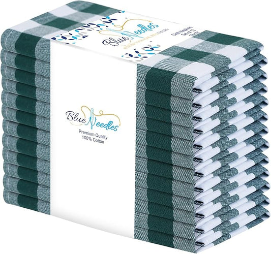 Blue Needles Gingham Buffalo Plaid Cloth Napkins 100% Cotton Set of 12 Dinner Table Napkins 18x18 inch, Soft Reusable Washable Ideal for Wedding Parties & Everyday Use - Forest Green & White