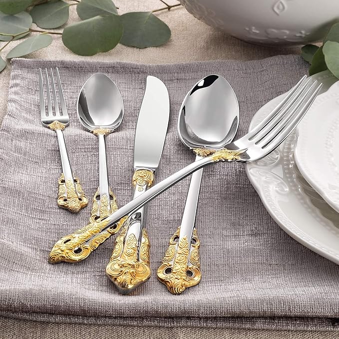 KEAWELL Gorgeous Dinner Knife, Set of 4, 18/10 Stainless Steel, Mirror Polished, Luxury Dinner Knife Set. (Gold Accent)