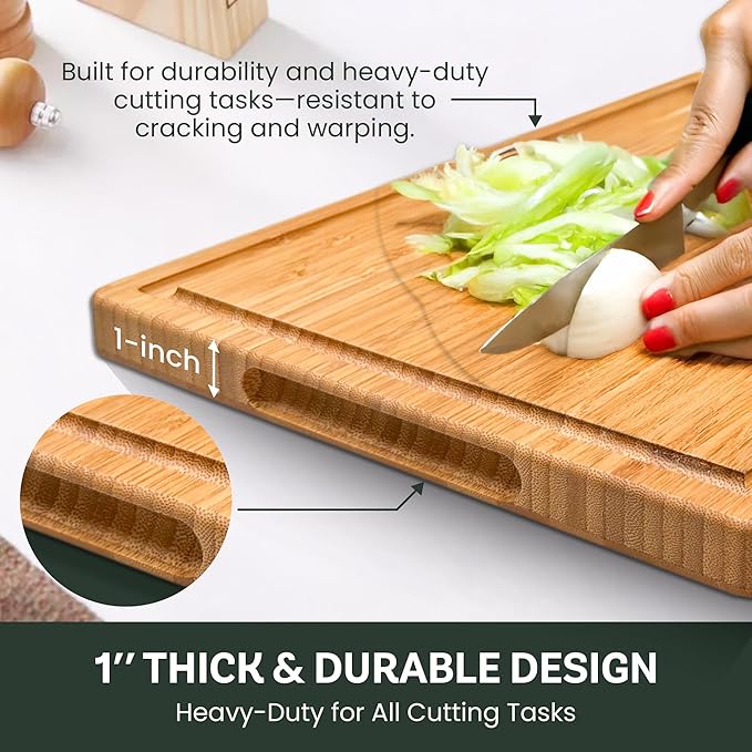 Bamboo Cutting Board for Kitchen - 16" Wooden Cutting Board with Side Handles, Deep Juice Groove, Heavy Duty Chopping Board & Serving Tray, Large Reversible Charcuterie & Cheese Board for Meat Serving