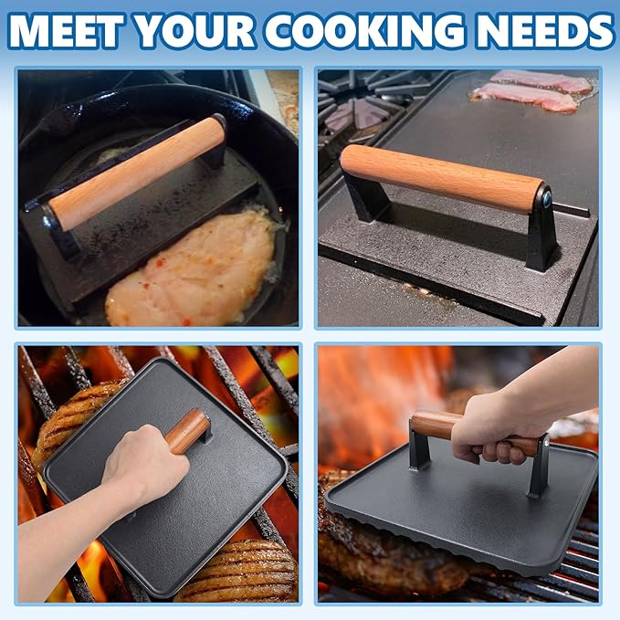 SafBbcue 10" Square Bacon Press & Rectangle Meat Press, Heavy Duty Cast Iron Griddle Press Smash Burger Press Compatible with Blackstone Flat Top Griddle Grills, Hamburger Smasher Tool Patty Maker