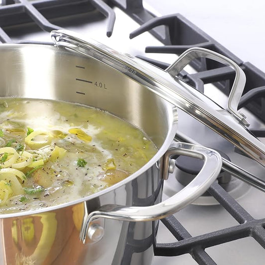 Sur La Table Kitchen Essentials Chef's Deck 3-Piece 5.3-Quart Stainless Steel Dutch Oven with Steamer Insert & Glass Lid – Induction Ready, Tri-Ply Base, Polished Finish & Hollow Stay-Cool Handles