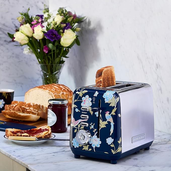 VQ Laura Ashley Elveden Navy Stainless Steel 2 Slice Toaster | Multi-Functional Bagels & Bread Toaster 2 Slice with Adjustable Heating & Defrost Mode | Featuring 2 Wide Slots, Croissant Warming Rack