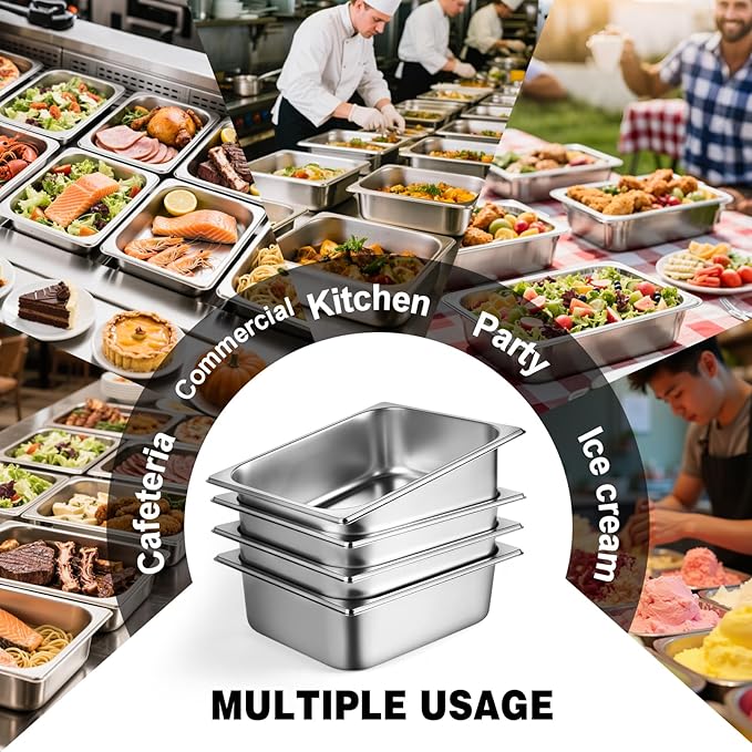 West Bay 6 Pack 1/2 Half Size Hotel Pan, 4'' Deep Steam Table Pans, 12.8''L x 10.4''W Stainless Steel Pans for Home, Party, Hotel, Buffet