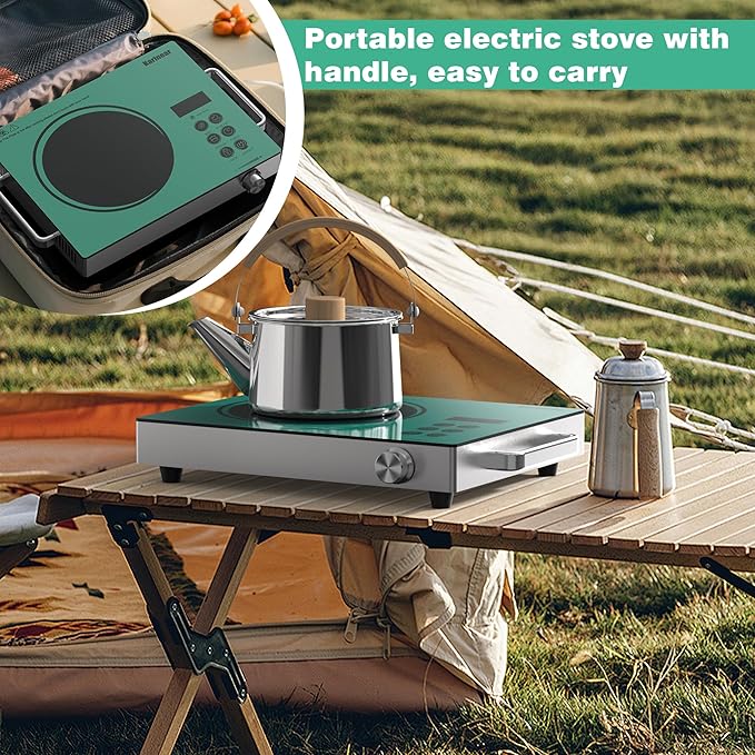 Karinear Portable Electric Stove 110V, 1800W Electric Hot Plate with Handle, Knob Control Single Burner Electri Cooktop, Ceramic Infrared Countertop Burner, Timer, Safety Lock(Green)