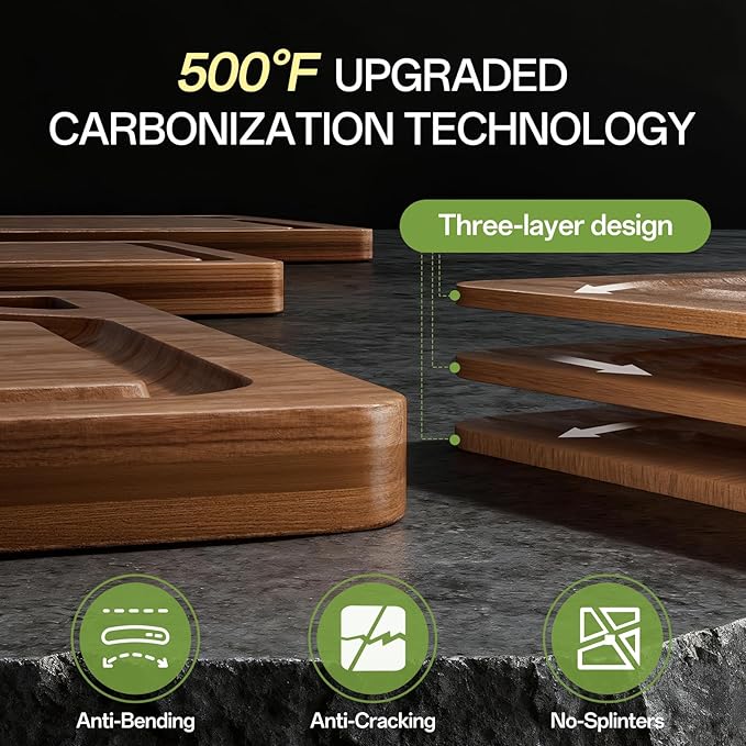 Bamboo Cutting Board Set with Holder，3 Packs Wood cutting boards with Non-Slip Rubber Padding, Deep Juice Grooves & Built-in Handles, Bamboo Chopping Boards Set for Meat, Vegetables and Fruits