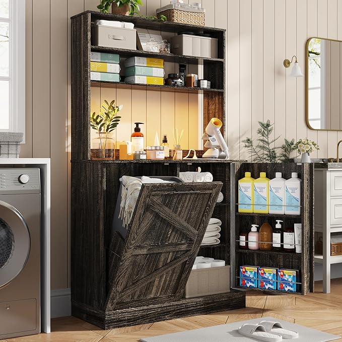 63" H Pantry Cabinets with 10 Gallon Trash Can,Led Light,Outlet,35" W Kitchen Hutch with Tilt Out Trash Can Cabinet,Farmhouse Cupboard with Large Countertop for Living Room, Dining Room