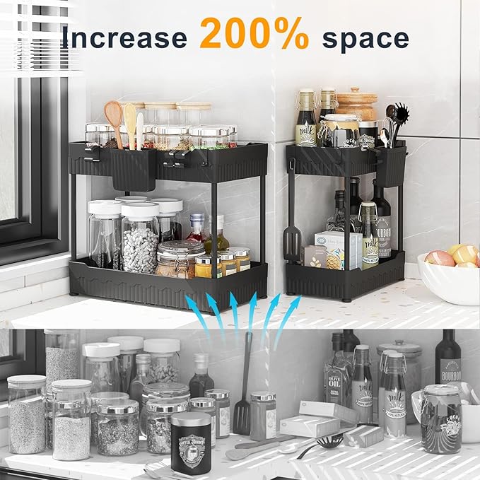 2 Pack Under Sink Organizer, Under Bathroom Cabinet Organizer with Hooks Hanging Cup, Multi-Purpose Storage Shelf for Kitchen Bathroom, Black