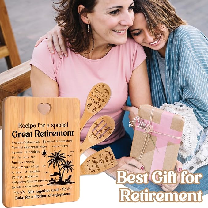 Retirement Gifts for Woman/Men 2026, Happy Retirement Bamboo Cutting Board Set for Colleagues, Friends, Teachers, Bosses, Parents, Family - Recipe for a Special Great Retirement.