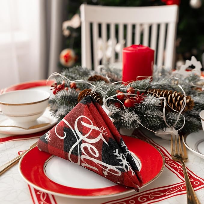 24 Pcs Christmas Plaid Cloth Napkins Buffalo Gingham 15 x 15 Inches Snowflakes Black and Red Checked Cotton Dinner Napkins Soft Absorbent Washable for Holiday Winter Xmas Party