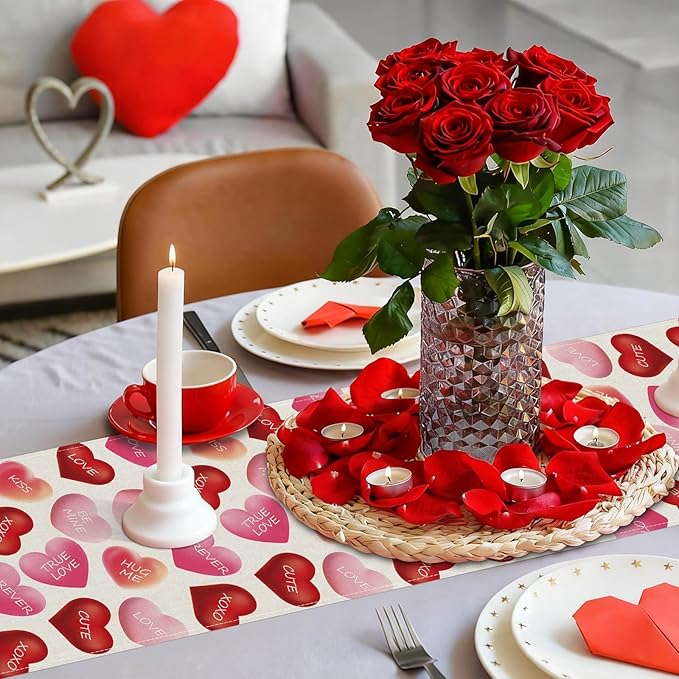 Valentines Day Table Runner 13x36 Inch, Be Mine Kiss XOXO Love Hearts Valentine Table Runner, Anniversary Home Kitchen Dining Table Holiday Party Decorations