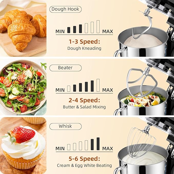 Babroun Dough Mixer 8.45 QT Electric Mixer - 660W 6 Speed Large Capacity Kitchen Stand Mixer with Whisk Dough Hook Mixing Beater Household Food Mixer for Baking Cakes Cookie Bread Salad