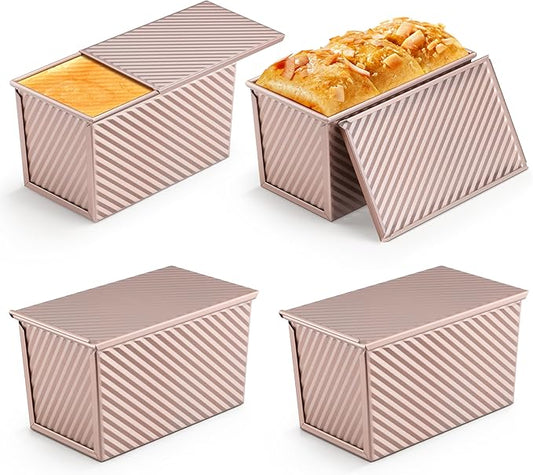 LIANYU Pullman Bread Loaf Pan with Lid, 4 Pack 1 Pound Nonstick Sourdough Loaf Pans, Heavy Duty Metal Baking Bread Tin, Homemade Sandwich Toast Bakeware, Oven Safe, Rose Gold