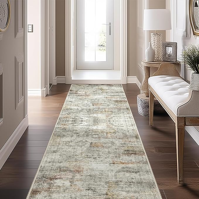 Kitchen Runner Rug Non Slip - 2.5 x 8 Runners for Hallways, Entryway, Bedroom, Washable Runner Rugs for Bathroom, Laundry Room, Low Pile Soft Vintage Area Rug(2.5'x8', Grey/Rust)
