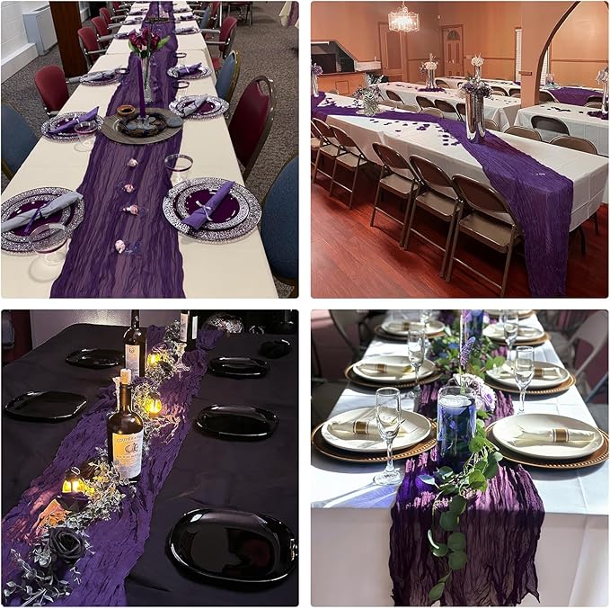 10 Pack Dark Purple Cheesecloth Table Runner 10FT Boho Gauze Fabric Table Runner Vintage Rustic Sheer Runners for Wedding Party Bridal Baby Shower Long Table Decorations