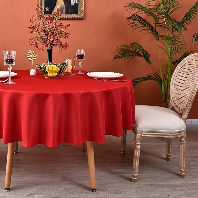 MEANMOY Red 210 GSM Water & Stain Resistant Round Tablecloth for Circle Table - Solid 108 Inch Table Cloth Cover in Wrinkle Free Durable Washable Polyester Fabric for Wedding, Party, Banquet