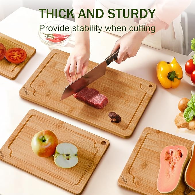 Bamboo Cutting Boards for Kitchen, 4-Piece Wood Cutting Board Set with Juice Grooves & Built-in Handles, Easy Storage & Clean Chopping Board for Meat, Vegetables, Fruit