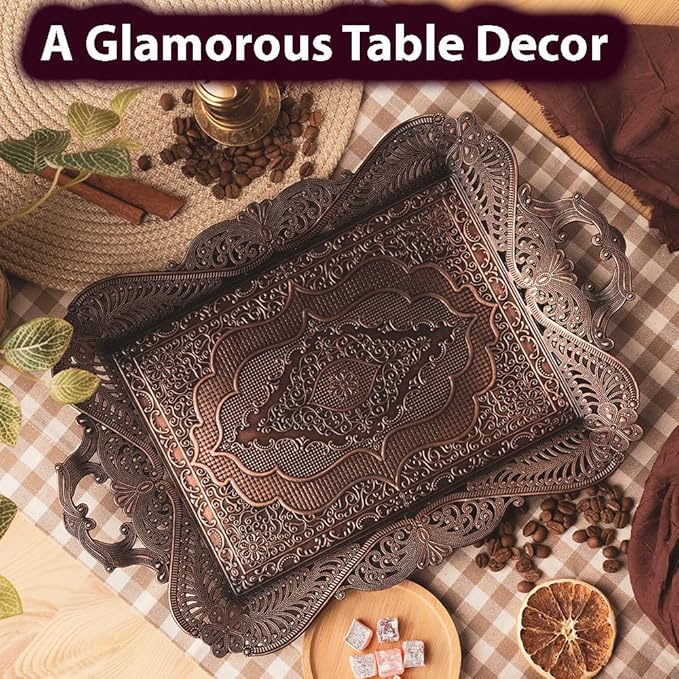 Antique Vintage Tea Coffee Serving Tray Table Home Decor Decorative Handle - Arabic Persian Turkey Fancy Rustic Farmhouse Rectangular Decorative Beverage Bar Ottoman Style Tray Traditional Unique