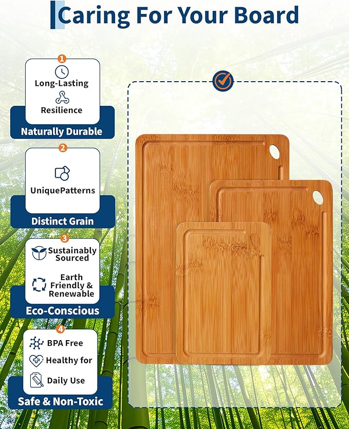 Garvee Bamboo Cutting Board Set of 3, Multi-Sizes Kitchen Cutting Boards with Deep Juice Grooves & Built-in Handle, Wooden Chopping Boards for Charcuterie, Vegetables & Fruit