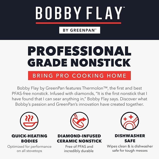 GreenPan x Bobby Flay 4.5QT Nonstick Saute Pan with Glass Lid, PFAS-Free Diamond Ceramic, Induction Suitable, Stay-Cool Silicone Handle, Easy Clean Dishwasher & Oven Safe, Graphite