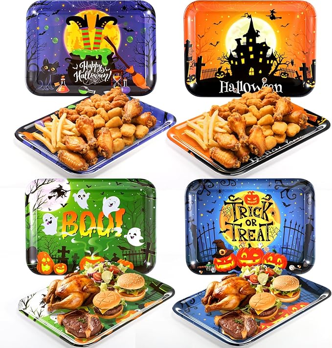 Vesici 4 Pcs 13 x 10 Inch Halloween Serving Trays Set Witch Haunted House Ghost Boo Melamine Platter Reusable Halloween Party Decorations for Trick or Treat Party Serving Food Snacks Cookies Dessert