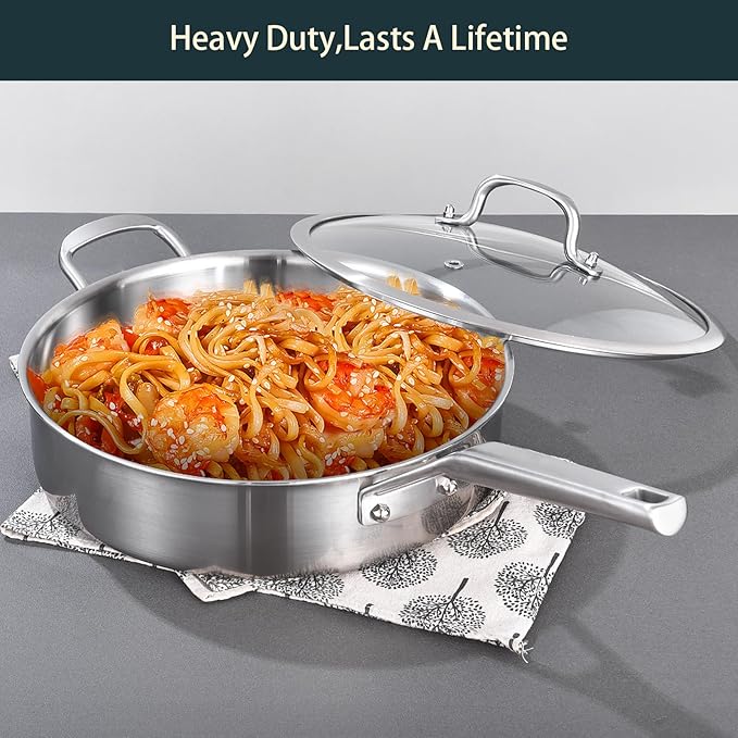 Yeksum Tri-Ply Stainless Steel Saute Pan 7 Quarts, 12 Inch Deep Frying Pan with Lids, 3-layer Large Frying Pan Skillet with Stay Cool Handle, Saute Pan with Lid, Induction Pan, Works on All Cooktops