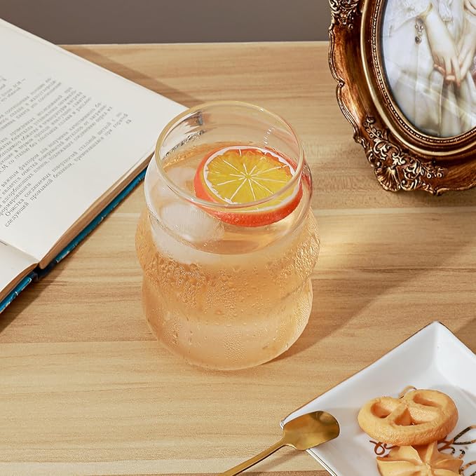 Koythin 2-Piece Ribbed Glass Cups, Vintage Drinking Glassware for Iced Coffee Juice Cocktails Milk Tea Beer, 16 oz/460 ml Cute Bubble Cup with Wave Shape (Cloudy Chubby)