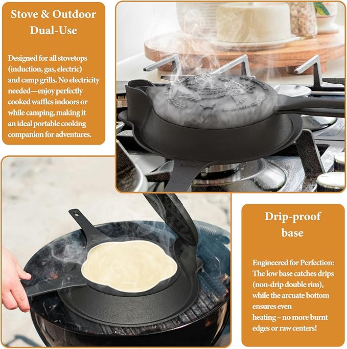 Cast Iron Waffle Maker Stove Top, American Waffle Maker Pre-Seasoned, Round waffle maker, PFOA free, 5-in-1 Shape Designs, Non-Coated Surface, Waffle iron for Camping Grill or Stove Top.