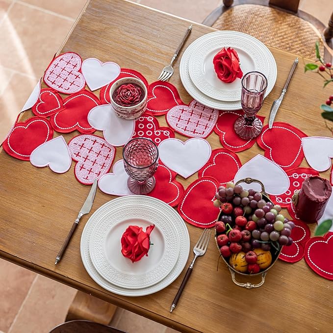 Joyfol Day Valentine’s Day Table Runner 14x69 Inch, Cutwork Embroidered Red Heart Decoration for Wedding Anniversaries, Proposals & Romantic Parties