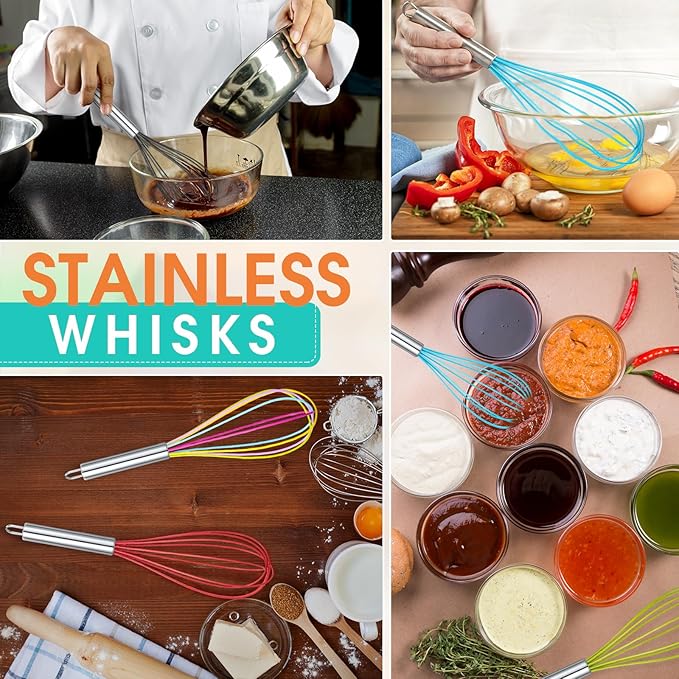 Domensi 8 Pcs 12 Inch Whisks Bulk for Cooking Silicone Whisks Non Scratch Stainless Steel Egg Beater Colorful Coated Metal Heat Resistant Egg Beaters for Valentines Day Party Favor Gift Supplies