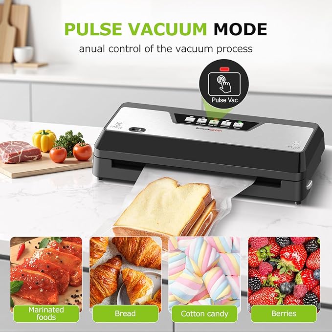 Bonsenkitchen Vacuum Sealer Machine, Built-in Cutter | Bag Storage, Multifunctional Food Sealer for Sous Vide & Meal Prep, 1 Roll Bag & 5 Pre-Cut Bags, Black-Stainless Steel