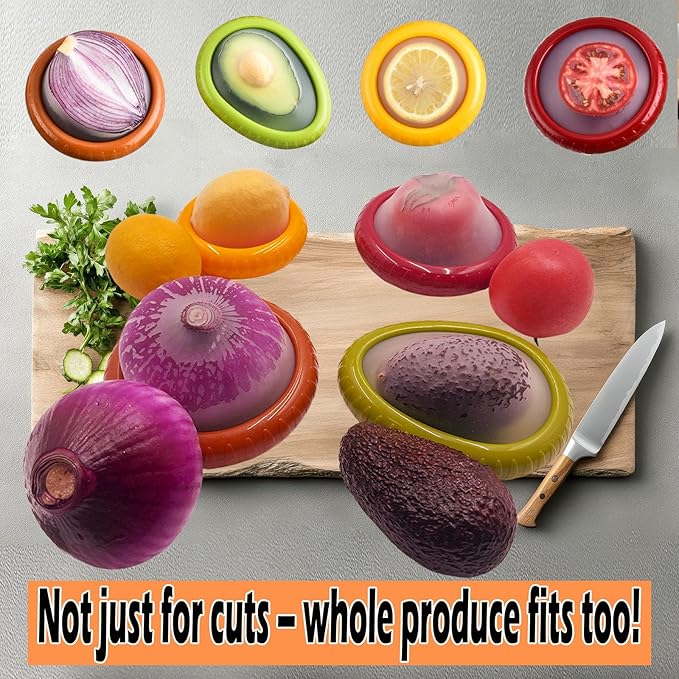 Zyphora 5-Piece Avocado Saver and Tomato Holder Set – 4 Reusable Silicone Food Storage Containers + 1 Fruit Peeler, Stretch Pods for Fruit & Veggie Storage