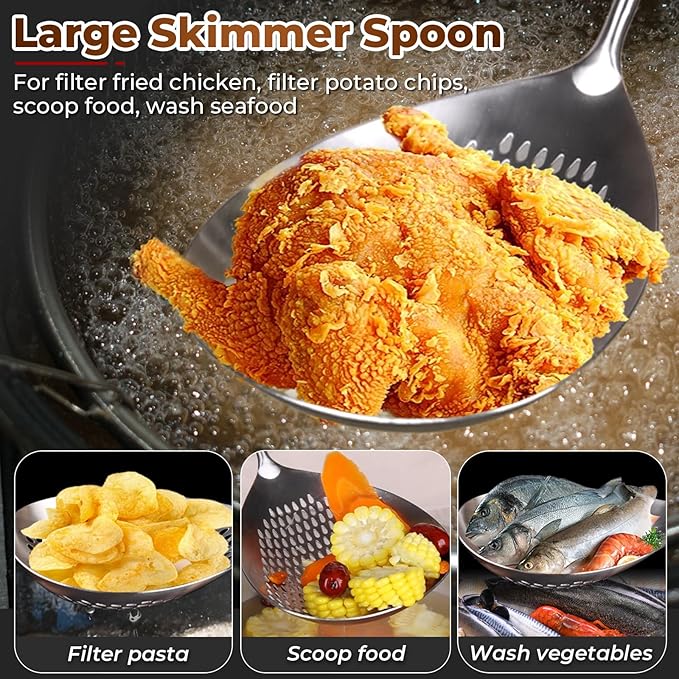 Skimmer Slotted Spoon Set of 3 - Stainless Steel Pasta Tools Spider Strainer Ladle Spoon with Wooden Handle for Cooking and Frying - Kitchen Utensils Spaghetti Strainer Colander - 14.8In,16.5In,17In