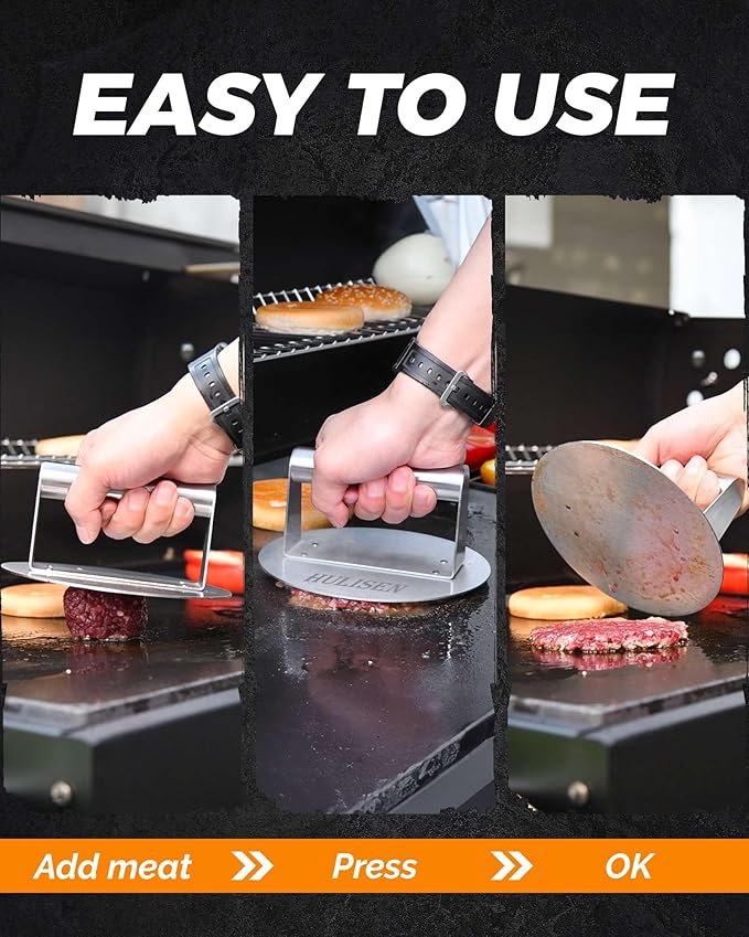 HULISEN Stainless Steel Burger Press, Burger Smasher for Griddle, 5.5 Inch Round Hamburger Grill Press for Flattening Hamburger Patty, Smashing Burger, Flat Top Grill Cooking Tool, Dishwasher Safe