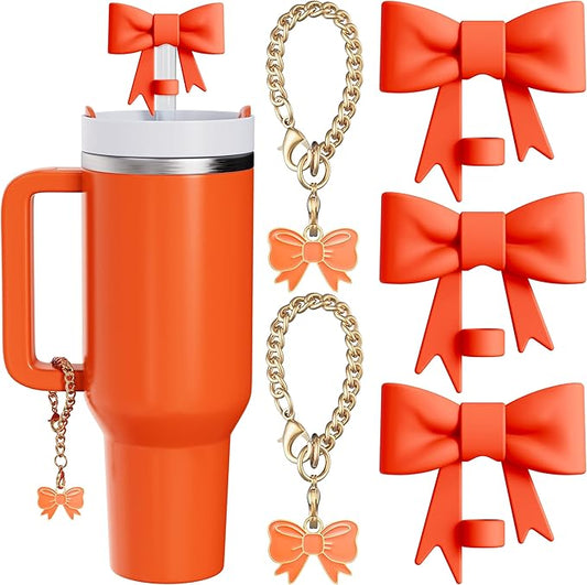 Compatible with Stanley Cup Accessories - 3Pcs 10mm Bow Straw Topper Compatible with Stanley Cup Straw Cover Cap, 2pcs Orange Bow Charms for Stanley 30&40 Oz Tumbler with Handle