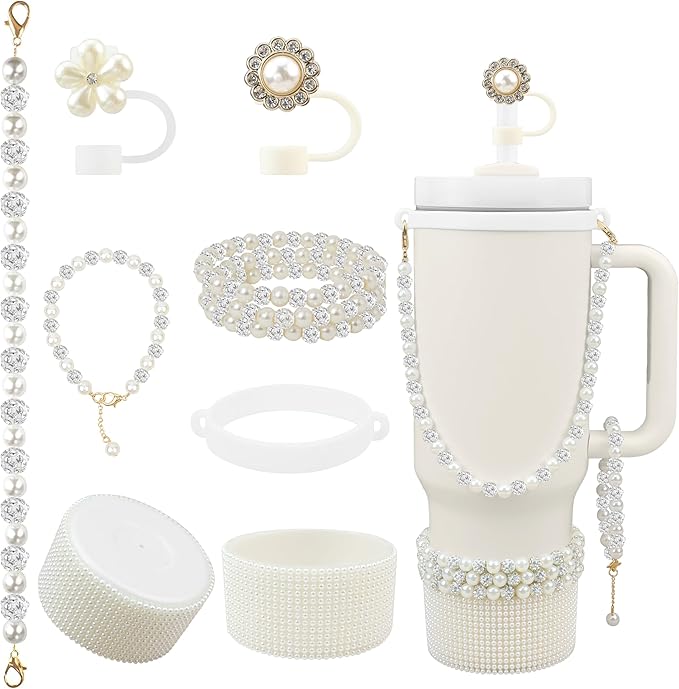 Cup Accessories for Stanley 30/40oz Tumbler containing Pearl Straw Cover Topper, Silicone Cup Boot, Water Bottle Handle Strap& Pearl Bracelets Charms(Pearls with Silver Beads)
