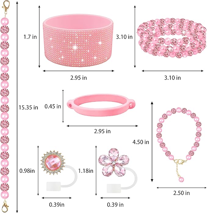 9PCS Pink of Stanley Cup Accessories Set 30/40 OZ Bling Pearls Rhinestones Charms for Stanley Decorations Tumbler Accessories Including Flower Straw Topper, Rhinestones Boot 30/40 OZ