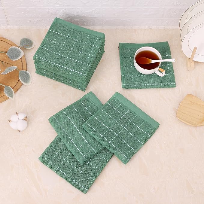 Mordimy 100% Cotton Terry Cloth Dish Cloths, Soft and Absorbent Checkered Dish Towels, Quick Drying Dish Rags for Washing Dishes, 8 Pack, 12 x 12 Inches, Grass Green