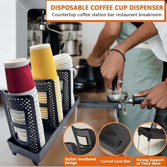 Paper Cup and Lid Holder,CIT ZCFYU Adjustable Disposable Coffee Cup Dispenser, 3-Slot Upright Plastic Cup Holder Organizer for Coffee Stations, Kitchens, Bars, Restaurants, Lounges (Black)
