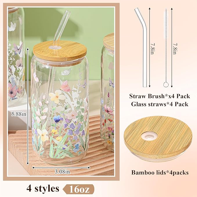 Mumufy 4 Pcs Gift for Women Wild Flower Glass Cup Tumbler Butterfly Iced Coffee Mugs 16 oz Glass with Bamboo Lid & Straw, Christmas Mothers Day Birthday Gift for Mom Sister Bridesmaid Baby Shower