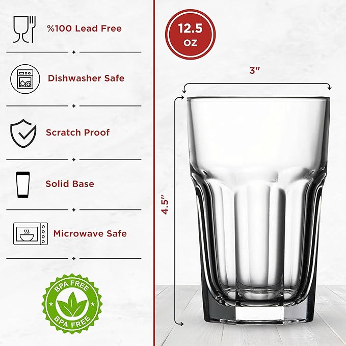 Drinking Glasses Set of 6, 12.5 oz Water Glasses – Durable Glassware for Juice, Milkshake, Coffee Glasses, Beer Glasses, Cocktail Tumblers, Heavy Base, Dishwasher Safe Kitchen & Party Use