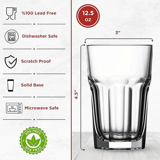 Drinking Glasses Set of 12, 12.5 oz Water Glasses – Durable Glassware for Juice, Milkshake, Coffee Glasses, Beer Glasses, Cocktail Tumblers, Heavy Base, Dishwasher Safe Kitchen & Party Use