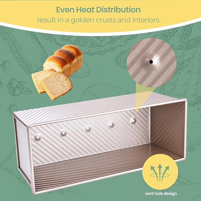Commercial Pullman Loaf Pan with Lid, 2.2Lb Dough Capacity Non-Stick Rectangle Corrugated Carbon Steel Bread Toast Mold with Cover for Baking Bread (Champagne Gold)