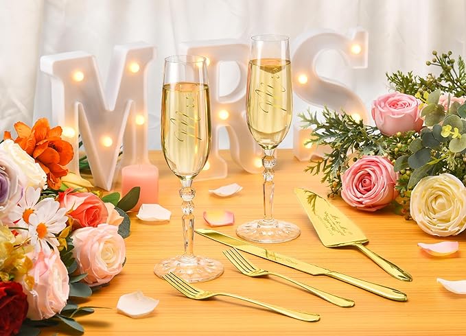 Wedding Cake Knife and Server Set with Forks, Classical Style Crystal Champagne Flutes Toasting Glasses for Bride and Groom, Wedding Gifts for Couples, Engagement and Bridal Shower Gifts