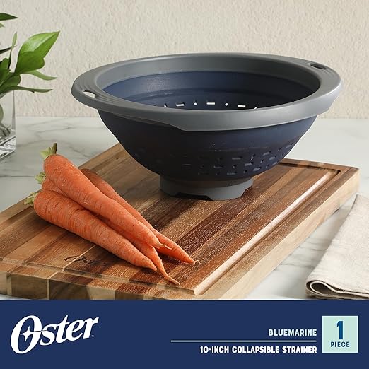 Oster Bluemarine 10-Inch Foldable Strainer – Collapsible Colander for Pasta, Vegetables, Fruits, Space-Saving Kitchen Tool, Blue/Grey Dishwasher Safe